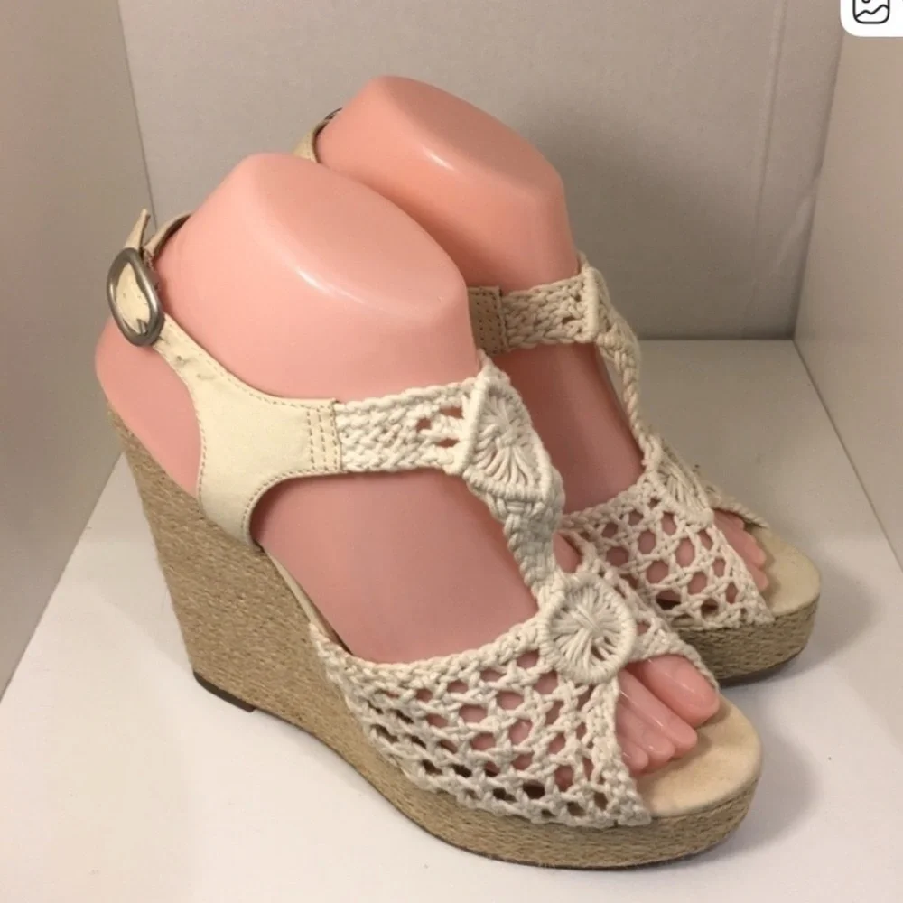 Lucky Brand Woven Cream Wedge Sandals - Women's Espadrille Size 7.5M SB-BA